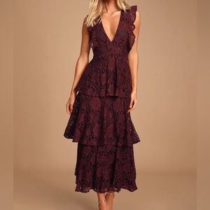 Lulus Molinetto Burgundy Lace Ruffled Tiered Sleeveless Maxi Dress